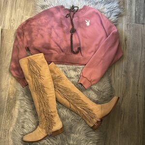 PacSun PLAYBOY Women's Mauve Tie Dye Cropped Sweatshirt